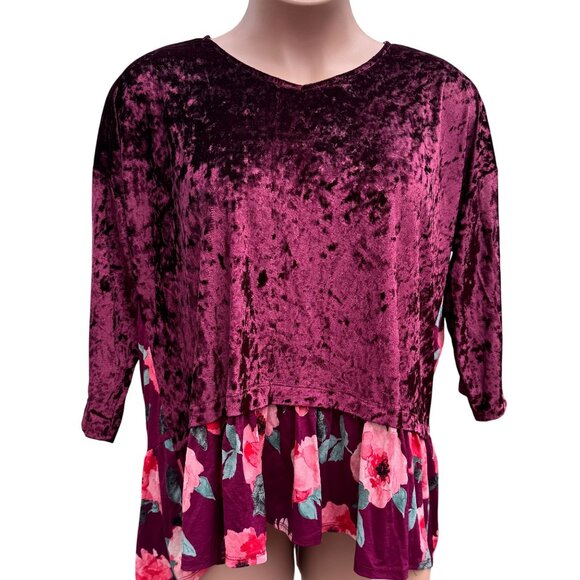 Dazzle Up Velvet Floral Pullover Top 3X Burgundy Pink Hi-Lo Flowy Gypsy Boho - Picture 6 of 12